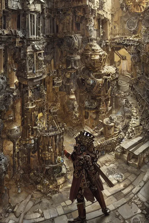 Image similar to a biomechanical palace guard made of machine parts and clocks is walking through a steampunk byzantine courtyard by anders zorn, wonderful, mandelbulb 3 d buildings, fractal designs, dynamic, masterpiece by greg rutkowski, hyperrealism, beautiful cinematic light, by greg manchess, jessica rossier