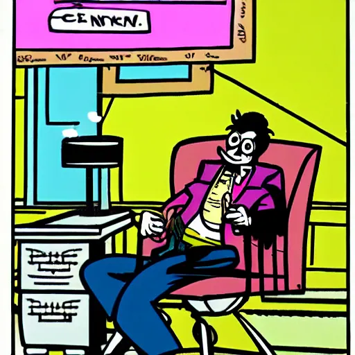 Prompt: a man sitting in a chair with a glass in his hand, a comic book panel by peter bagge, reddit contest winner, underground comix, creepypasta, criterion collection, epic