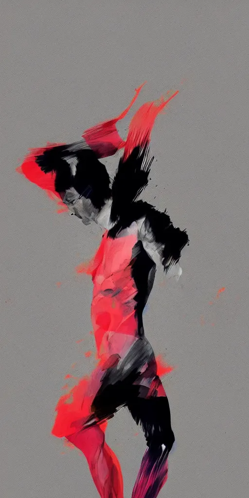 Image similar to abstract flowing brush strokes of the torso of one athletic man posing dramatically with no face, outline, matte paint colors, conrad roset, dark background, painting trending on artstation