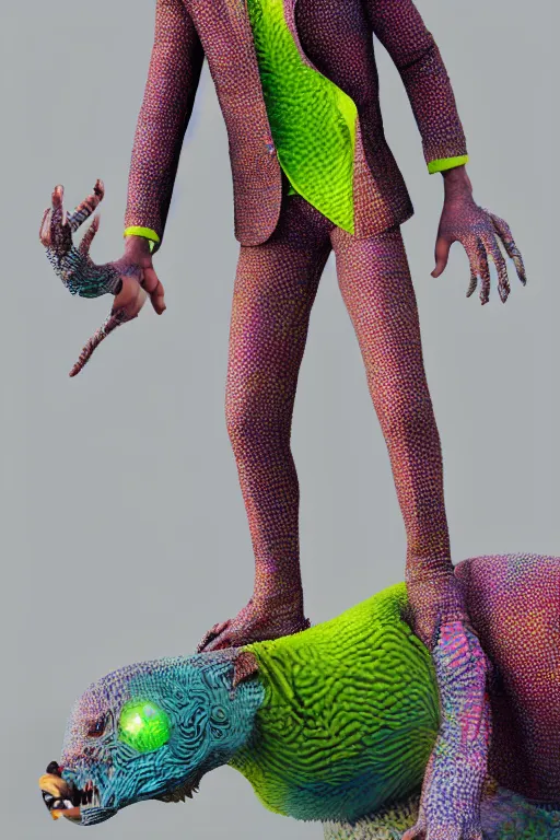 Image similar to a scene with a creature wearing a super detailed muted color diy! suit with fluo details, vivienne westwood!, detailed photoreal render octane render, pointillism, full body