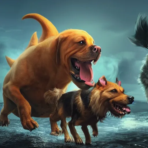 Prompt: a dog barking at a monster, hyper realistic, dangerous, 4k,