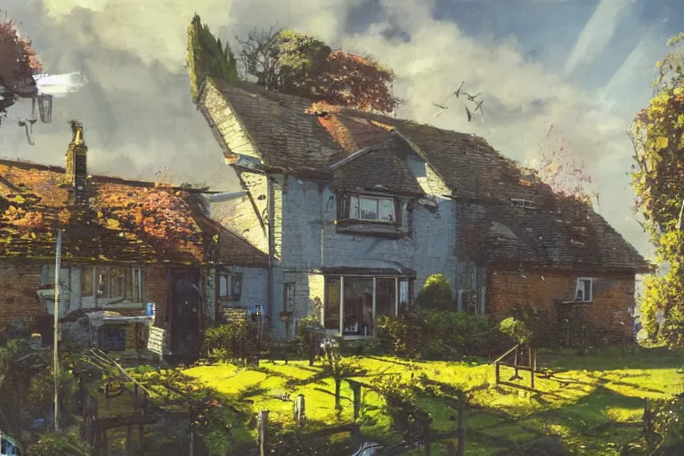 Image similar to cyberpunk, an estate agent listing photo, external view of a 5 bedroom detached countryside house in the UK, it's a sunny day, by Paul Lehr