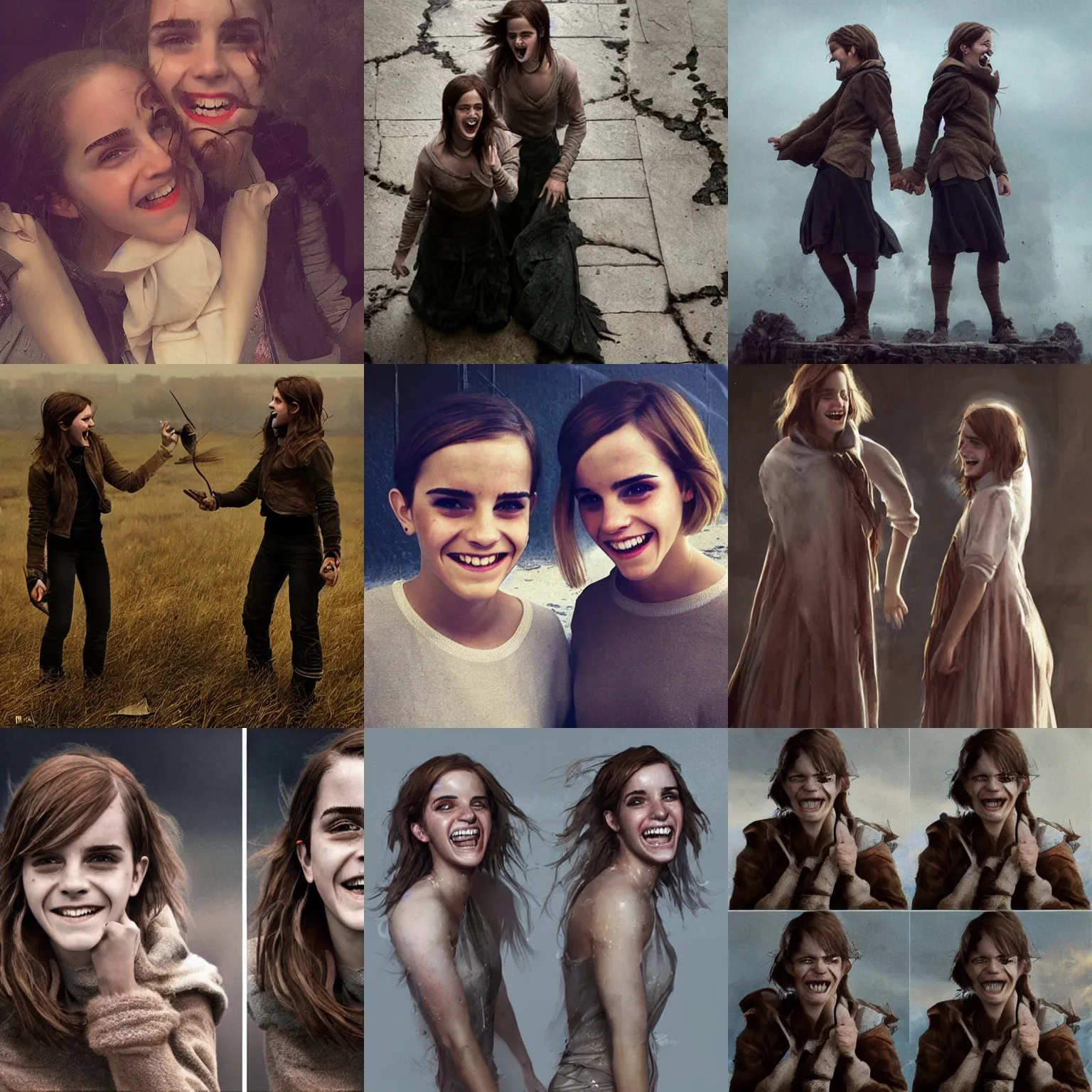 Prompt: emma watson identical twins laughing greg rutkowski!!! greg rutkowski!!! gfx 1 0 0 david bailey david bailey