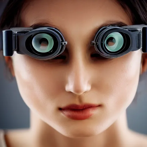 Prompt: portrait photograph of an extremely beautiful!!!! young female, symmetric face!, symmetric round detailed eyes!!, slight smile, natural light, wearing night vision goggles!! looking at the camera!!. super resolution. extremely detailed. graflex camera!, bokeh!!!!! trending on artstation.