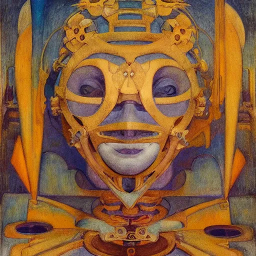 Image similar to the mechanical robot in her floral mask, by annie swynnerton and diego rivera, and nicholas roerich and jean delville, symbolist, dramatic lighting, elaborate geometric ornament, art brut, soft cool colors, smooth, sharp focus, extremely detailed, adolf wolfli