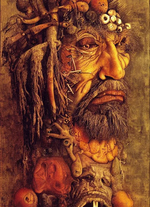 Image similar to a surreal painting of a shaman's face, by Giuseppe Arcimboldo, Dante's inferno, symbolist, soft colors, dramatic lighting, smooth, sharp focus, extremely detailed, aesthetically pleasing composition