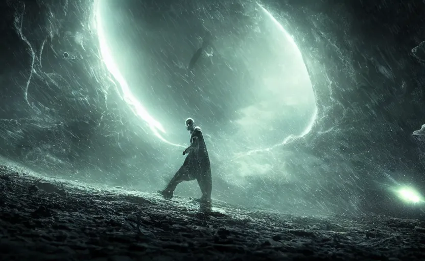 Image similar to an extraterrestrial spaceship exiting a worm hole with planet earth in sight, in the style of the matrix, epic scene, extremely detailed masterpiece, extremely moody lighting, glowing light and shadow, atmospheric, shadowy, cinematic, god lighting