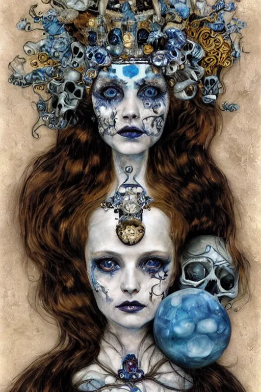 Prompt: The Princess of Bones by Karol Bak, Jean Deville, Gustav Klimt, and Vincent Van Gogh, portrait of a porcelain princess wearing a crown, porcelain ball-joint doll face with blue painted tattoos, pale blue eyes, hair made of shimmering ghosts, mystic eye, otherworldly, crown made of bones, ornate jeweled crown, skulls, fractal structures, arcane, inscribed runes, infernal relics, ornate gilded medieval icon, third eye, spirals