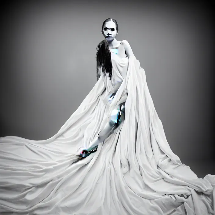 Image similar to portrait of a beautiful woman like a fallen angel, total body dressed in long elegant intricate ornamental white dress, smooth, sharp focus, fine art photography by Lindsay Adler, professional studio lighting, volumetric lighting, dark colors , hyper realistic kodak photography