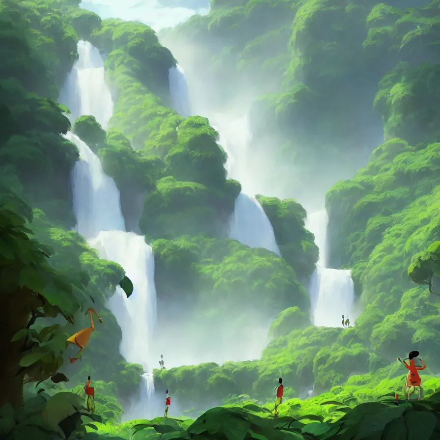 Prompt: Goro Fujita illustrating Front view of a gigantic waterfall surrounded by the Amazon, there are no animals or people, only vegetation, concept art, sharp focus, highly detailed, ArtStation