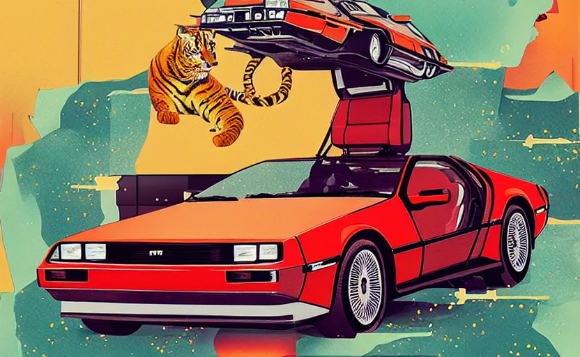 Prompt: a red delorean with a yellow tiger, art by hsiao - ron cheng in a magazine collage style, # de 9 5 f 0