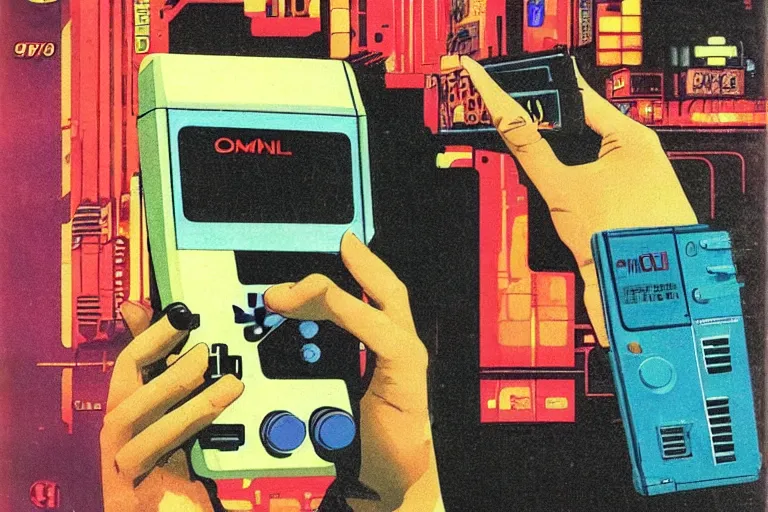 Prompt: a 1979 cover of OMNI magazine depicting a gameboy. Neo-Tokyo. Cyberpunk style art by Vincent Di Fate.
