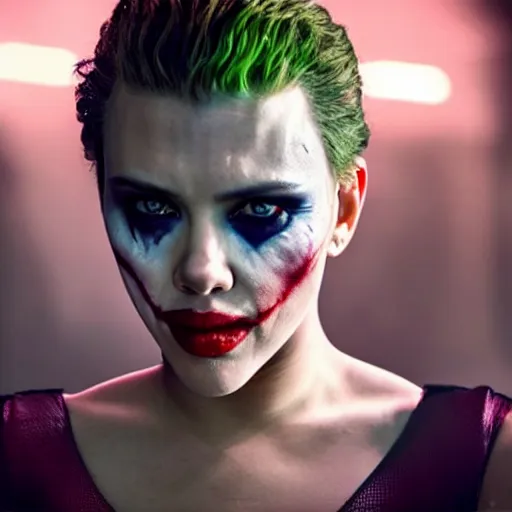 Prompt: stunning awe inspiring scarlett johansen as the joker, movie still 8 k hdr atmospheric lighting