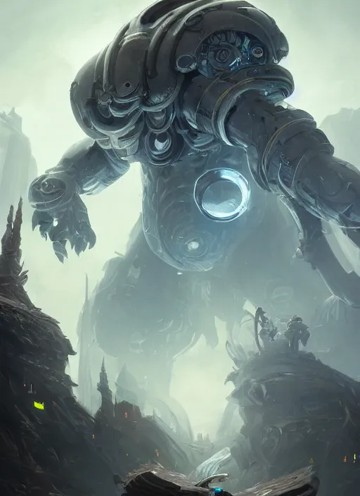 Image similar to a highly detailed illustration of worn down colossal silver mechanical giant, with big glowing iron giant eyes, gentle calm doting pose, intricate, elegant, highly detailed, centered, digital painting, artstation, concept art, smooth, sharp focus, league of legends concept art, WLOP