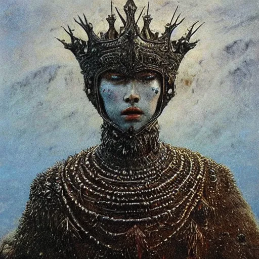 Prompt: ice lord, wearing icy ornamented armor, wearing ice royal crown war helm, beksinski