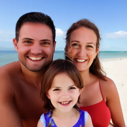 Prompt: happy family poses portrait on beach, realistic faces, realistic shaded perfect face, extremely fine details, realistic shaded lighting, 8 k ultra realistic