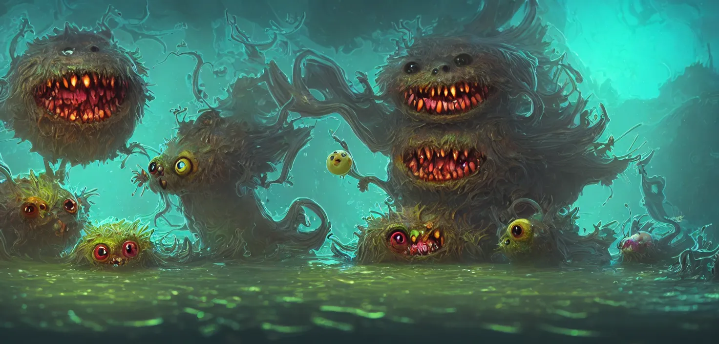 Prompt: intricate colourful murky with strange cute friendly angry crazy fluffy ball creatures with huge beauty eyes long tongue triangle teeth and scary face appearing from the water, in the style of craola, shallow depth of field, highly detailed, digital painting, trending artstation, concept art, illustration, cinematic lighting, vibrant colors, photorealism, epic, octane render