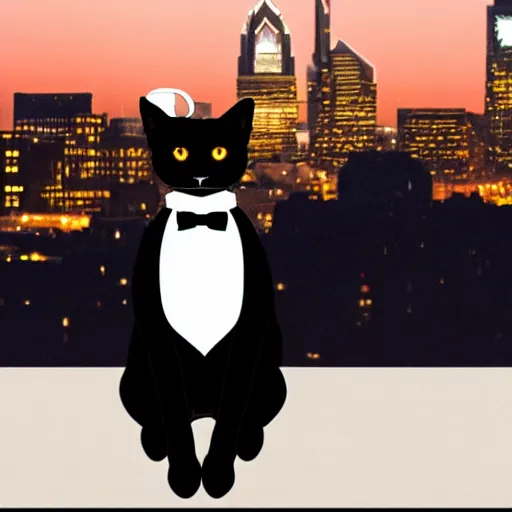 Image similar to photo of black photo of a Tuxedo Cat wearing a top hat, sitting on a rooftop at night time, Philadelphia skyline at night in the background