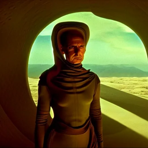 Image similar to colour aesthetic highly detailed photography scene from dune ( 2 0 2 1 ) by alejandro hodorovski and denis villeneuve and gregory crewdson style with ultra hyperrealistic very highly detailed faces. with many details by andrei tarkovsky and caravaggio in sci - fi style. volumetric natural light hyperrealism