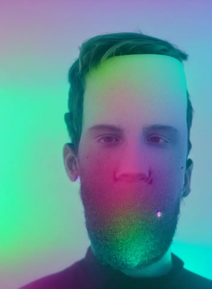 Image similar to high quality pastel coloured film close up photograph of a handsome cyborg in an icelandic black rock!! environment in a dreamstate black rock world. three point light, rainbow. photographic production. art directed. pastel colours. volumetric light. pastel gradient overlay. waves glitch artefacts. extreme facial silliness. 8 k. filmic.