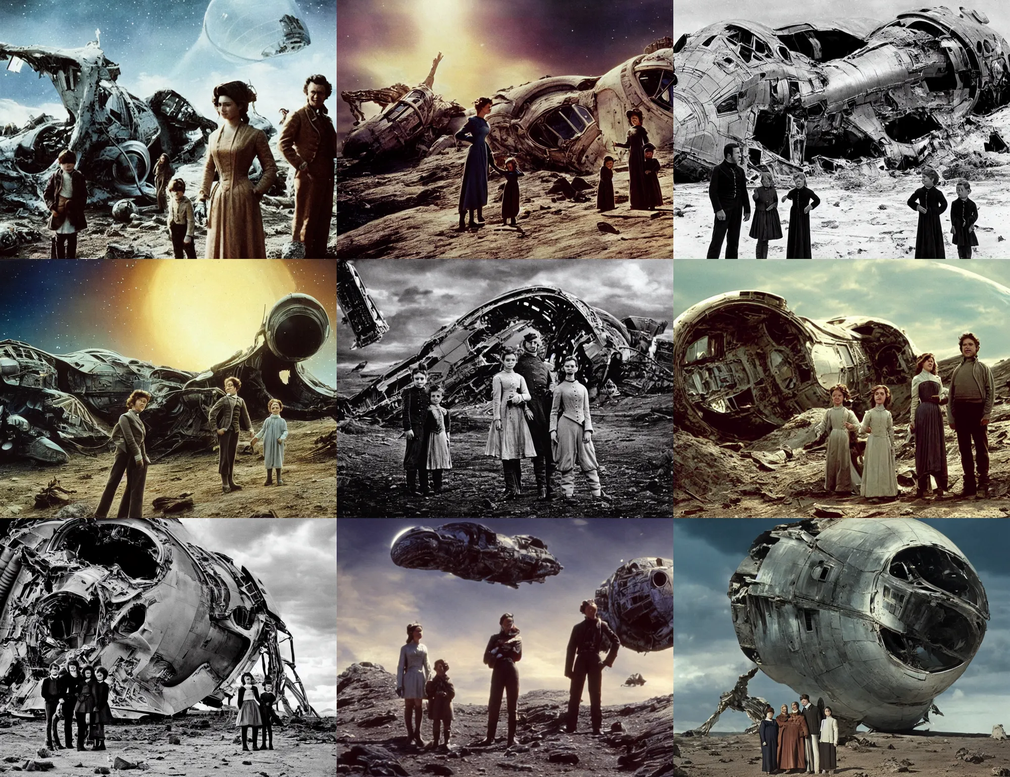Prompt: sharply detailed, 3 5 mm film from blockbuster 4 k sci fi color movie freeze frame, set 1 8 6 0, family standing in front of crashed spaceship, on alien planet, looking happy, wearing 1 8 5 0 s era clothes, atmospheric lighting, in focus, reflective eyes, 8 mm lens, live action, nice composition and photography, clear facial features