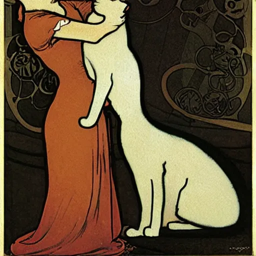 Prompt: Two cats playing with each other by mucha