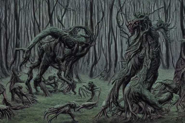 Image similar to multi headed demon in a forest in the style of wayne barlowe