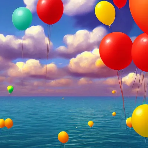 Image similar to digital art of plenty of birthday balloons floating above a beautiful sea. artstation cgsociety masterpiece