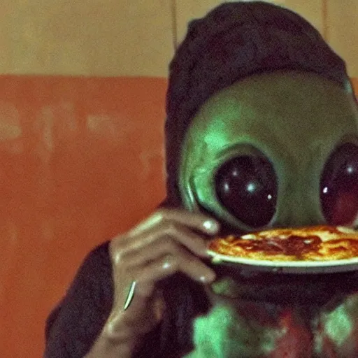 Prompt: an alien caught on camera eating pizza, grainy surveillance photo, messy eater