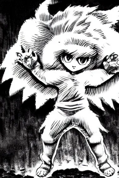 Image similar to salvage little boy in lion suit, black and white artwork made by kentaro miura and yoshihiro togashi