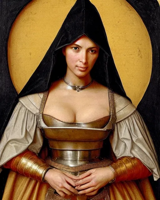 Image similar to kim kardashian as armored battle nun, delicate detailed medieval portrait in the style of eugene de blaas, perfect face