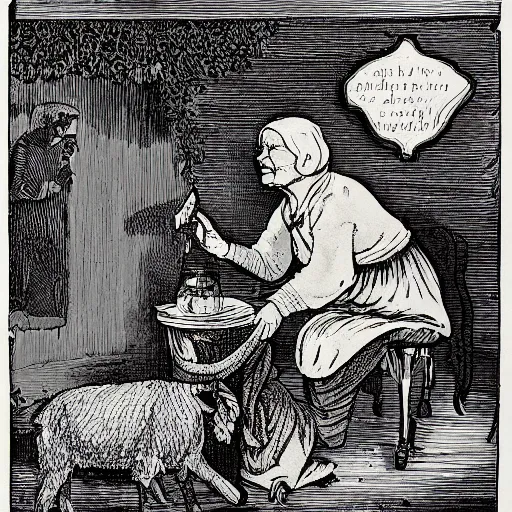 Prompt: an illustration of an old woman literally swallowing a whole goat