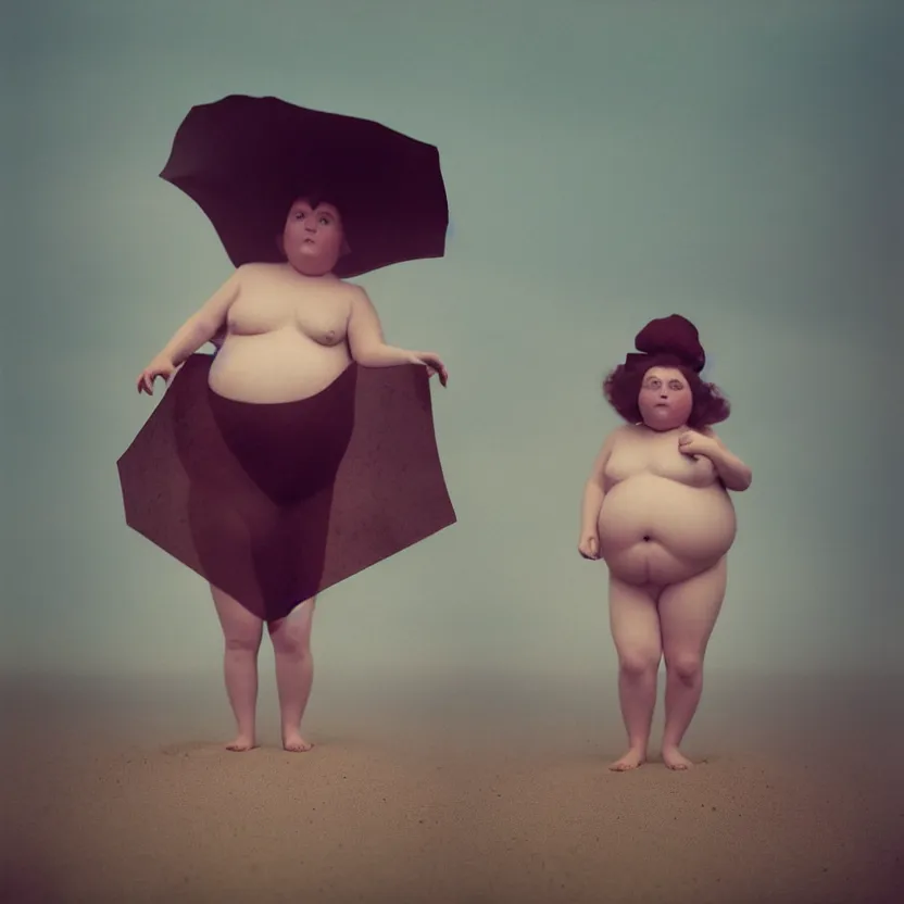 Image similar to kodak portra 4 0 0, wetplate, muted colours, blueberry, 1 9 3 0 s style, award winning portrait of wooden skulptur of cute fat girl on beach, haze, motion blur, in the style of britt marling and by georges melies