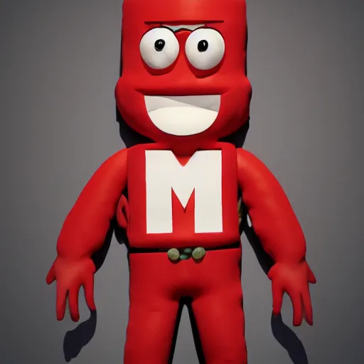Image similar to eminem as the red m character standing on a floor coverd with m & m candies, round red m & m figure, m & m mascot, m & m figure, m & m plush, m & m candy dispenser, unreal engine, studio lighting, figurine, unreal engine, volumetric lighting, artstation, cosplay