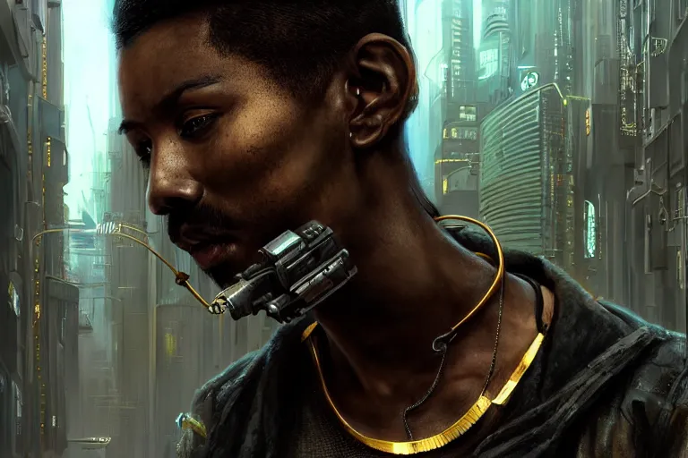 Prompt: A cyberpunk very highly detailed camera man with black skin, short hair cut, tiny thin mustache, thin face, with very highly detailed face on the street of a very highly detailed smooth cyberpunk city digital concept art by Greg Rutkowski, neofuturistic highly detailed, digital concept art, Dimensional cyan gold natural light, sharp focus, Golden Ratio illustration, realistic concept art by Stephen Hickman and James Gurney and Hiromasa Ogura Ghost in the Shell rendered in Octane Render, From the distance