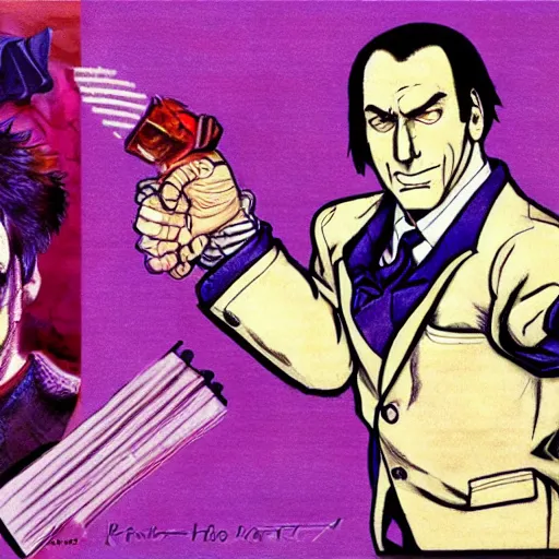 Prompt: saul goodman in jojo's bizarre adventure by Hirohiko Araki