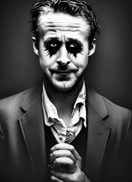 Prompt: photo of Ryan Gosling as the Joker by Lee Jeffries and Eolo Perfido, big smile, head shot, detailed, award winning, Sony a7R