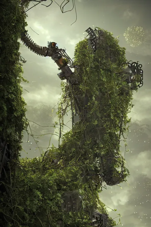 Prompt: ghost of the machine, climbing vines, steampunk, 4k, artstation, meteor shower, post-apocalyptic, Armageddon, octane render