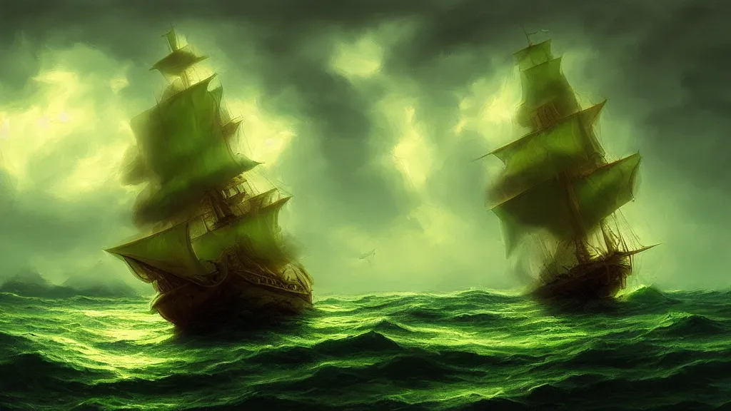 Prompt: gold galleon ship, green sea, storm. bloom, lighting. fantasy, digital painting, hd, highly detailed.