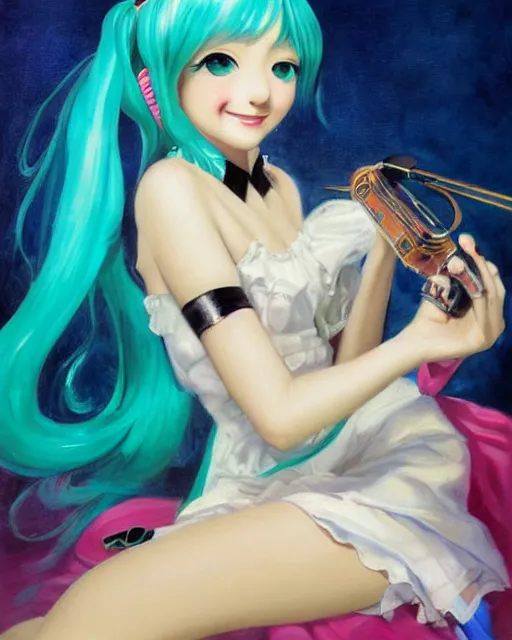 Image similar to A very very beautiful painting of Hatsune Miku by Gil Elvgren