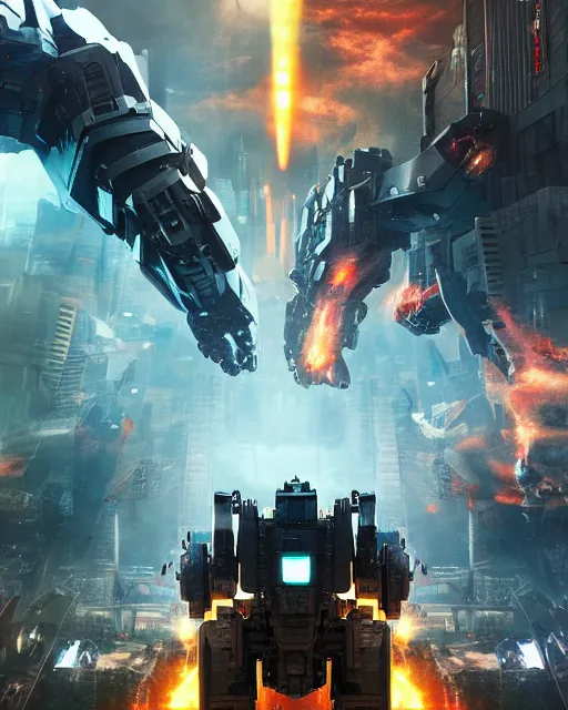 Prompt: giant mech robot and Kaiju monster battle in complex cityscape folding and colliding in inception mirror dimension style became 3d maze puzzle in cinematic hd photo smoke cloud lens flare godray mcu Nolan Leica Zeiss film trending on artstation