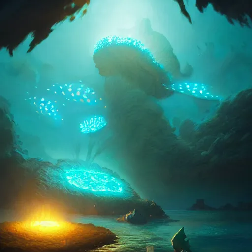 Image similar to bioluminescent coral reef, concept art, d & d, fantasy, highly detailed, masterpiece, volumetric lighting, digital painting, artstation, smooth, sharp focus, illustration, art by artgerm, by greg rutkowski