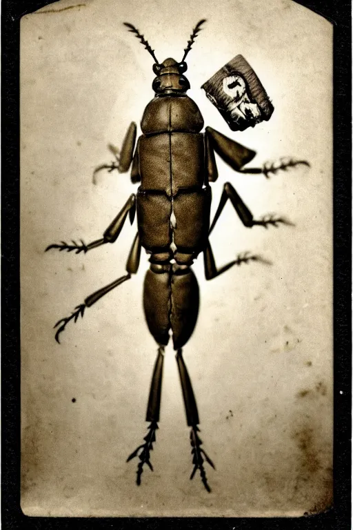 Image similar to anthropomorphic locust, wearing a suit, vintage photograph, sepia