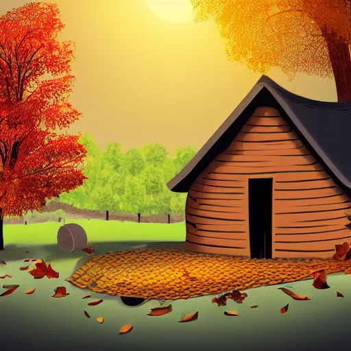 Prompt: autumn with fallen leaves, some wooden barrels outside the wooden house, the setting sun shines on the house and the ground, warm yellow tones, ilustration