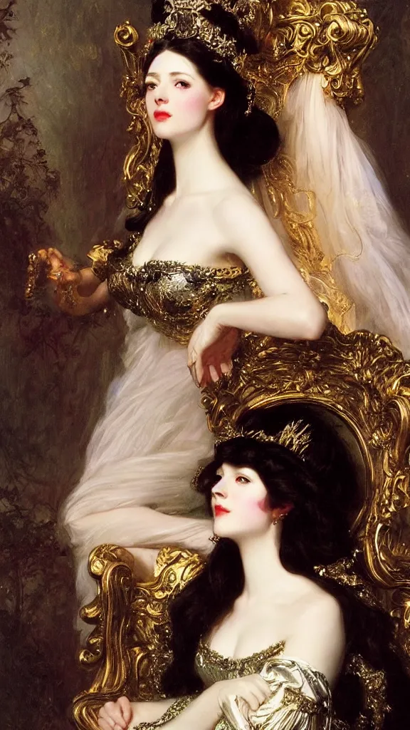 Image similar to a beautiful black haired woman with pale skin and a crown on her head sitted on an intricate metal throne by franz xaver winterhalter and delphin enjolras and rebecca guay