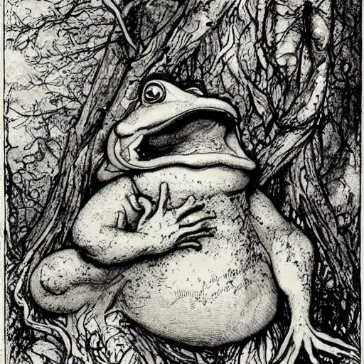 Image similar to toad philosopher toad in a pose The Thinker, swamp, illustrations by irish fairy tales james stephens arthur rackham, fairy tale illustrations,