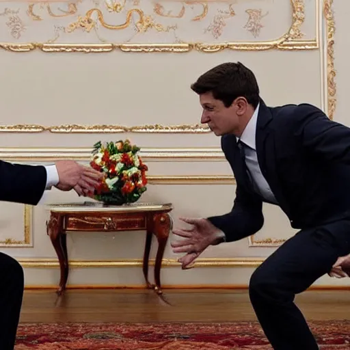 Image similar to epic fight scene of Zelensky and putin