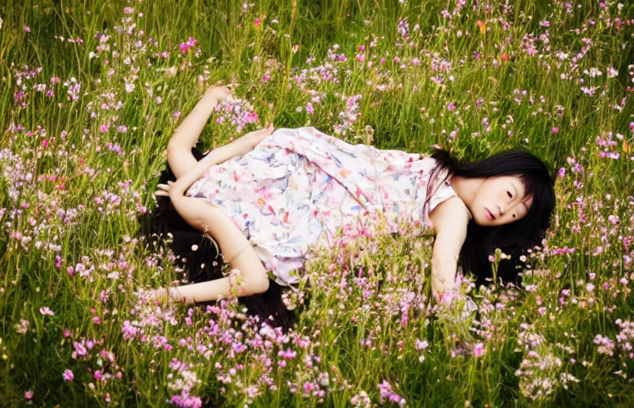 Image similar to a beautiful young Asian woman lying in a field of wildflowers, wearing a sun dress, portrait, dreamy, cinematic, depth of field, glow