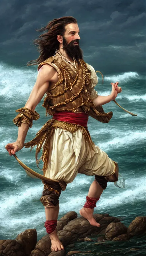 Prompt: elegant corsaire captain, stern look, late xix century commodore vest, full body portrait xix immpresionist paint, wild ocean background, highly detailed, digital painting, artstation, concept art, sharp focus, illustration, art by Artgerm, Grafit Studio, and Greg Rutkowski, Craig Mullins, Stanley Artgerm Lau, WLOP, Ross tran, James Jean, Andrei Riabovitchev, Marc Simonetti, magic the gathering, trending on ArtStation, digital art - W 640