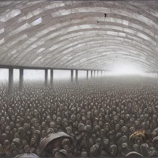 Image similar to a very crowded morning subway station, painted by zdzisław beksinski,